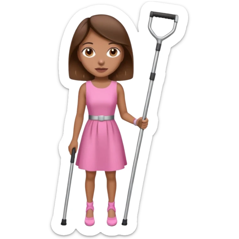 A woman with crutches , a pink dress brown hair and brown eyes sticker