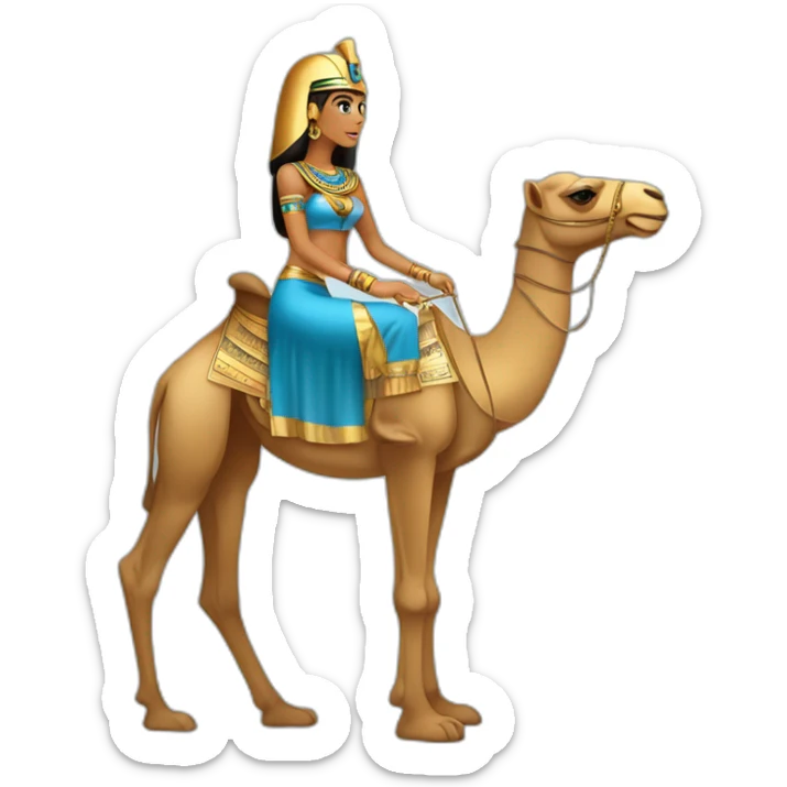 Egyptian female pharaon on a camel,pyramids, tanned skin, golden blue costume sticker