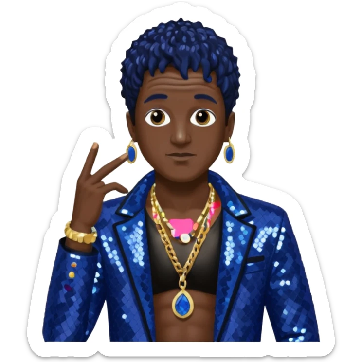 Flavor Flav with dark brown hair, indigo sequin jacket, shirtless with necklace sticker