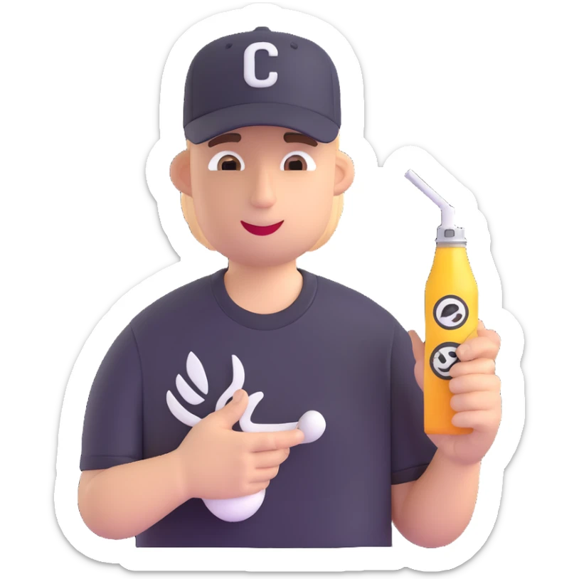 cartoon man with a t-shirt and baseball hat, holding a White Claw and a vape, modern emoji style sticker