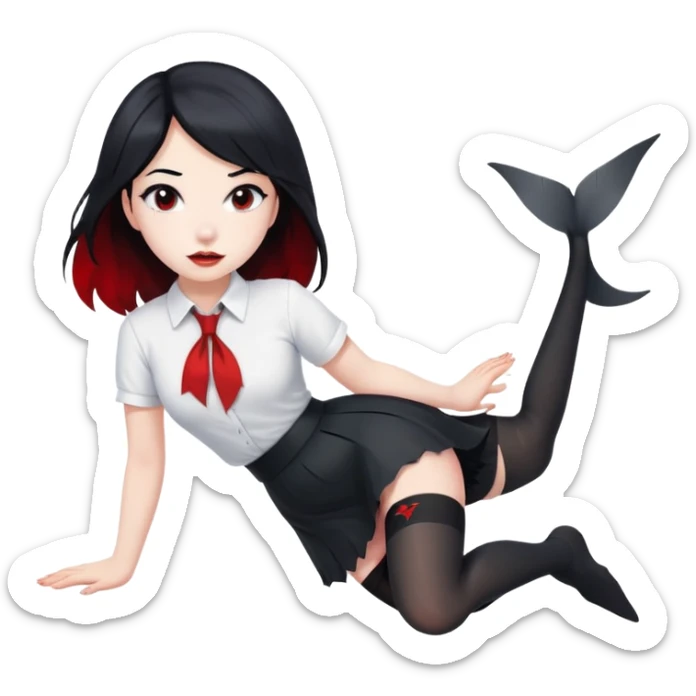 A girl in a white shirt, a black skirt and stockings with black hair, but there are glimpses of red on some areas of hair and also with a shark tail sticker