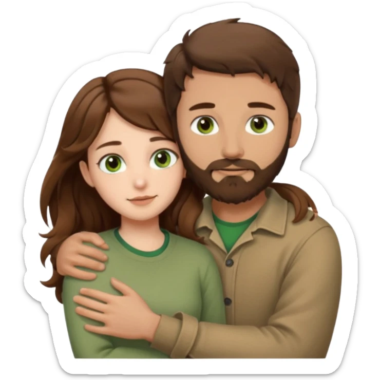 a man with short brown hair and brown beard with brown eyes and a girl with long brown wavy hair with green eyes, togheter. neutral clothes, hugged each other sticker