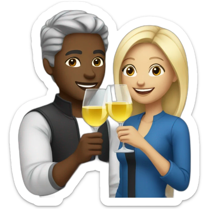 A black female with brown eyes and blond medium long hair and a black male with blue eyes and grey hair, they toast to each other with a glass of white wine. sticker