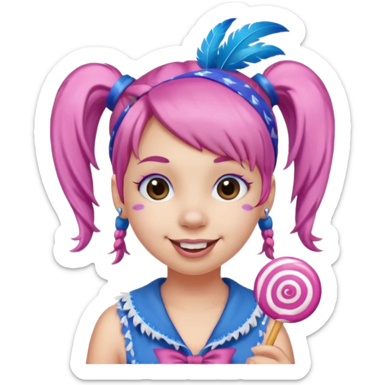 smiling face with pink pigtails, blue bandana decorated with white and purple feathers on top, lollipop in mouth sticker