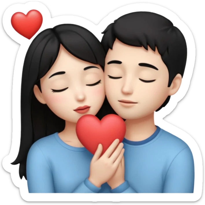 “Cute 3D emoji of a romantic couple with black hair, the boy slightly taller, gently holding the girl in his arms and kissing her lips, soft blush, eyes closed, small glowing heart above them, warm romantic vibe, pastel tones, smooth lighting, sticker style, transparent background.” sticker