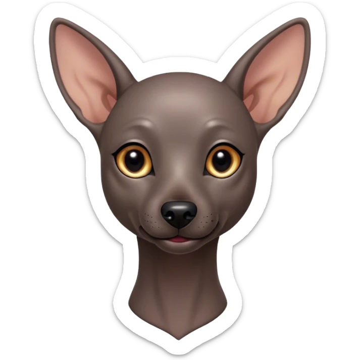 Cinematic Cute Xoloitzcuintle dog Portrait Emoji, Head tilted playfully and inquisitively, featuring smooth, hairless ebony skin with distinctive, artistic wrinkles, round, sparkling dark eyes filled with curiosity, Simplified yet irresistibly adorable features, highly detailed, glowing with a warm, friendly glow, high shine, affectionate and spirited, stylized with a touch of whimsy, bright and endearing, soft glowing outline, capturing the essence of a mischievous yet loving companion, so playful it feels like it could trot out of the screen and into your arms! sticker