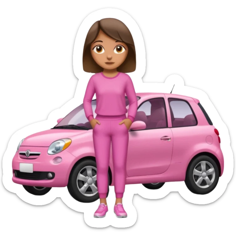 Create me a emoji girl with brown eyes in a pink outfit leaning on a car full body sticker