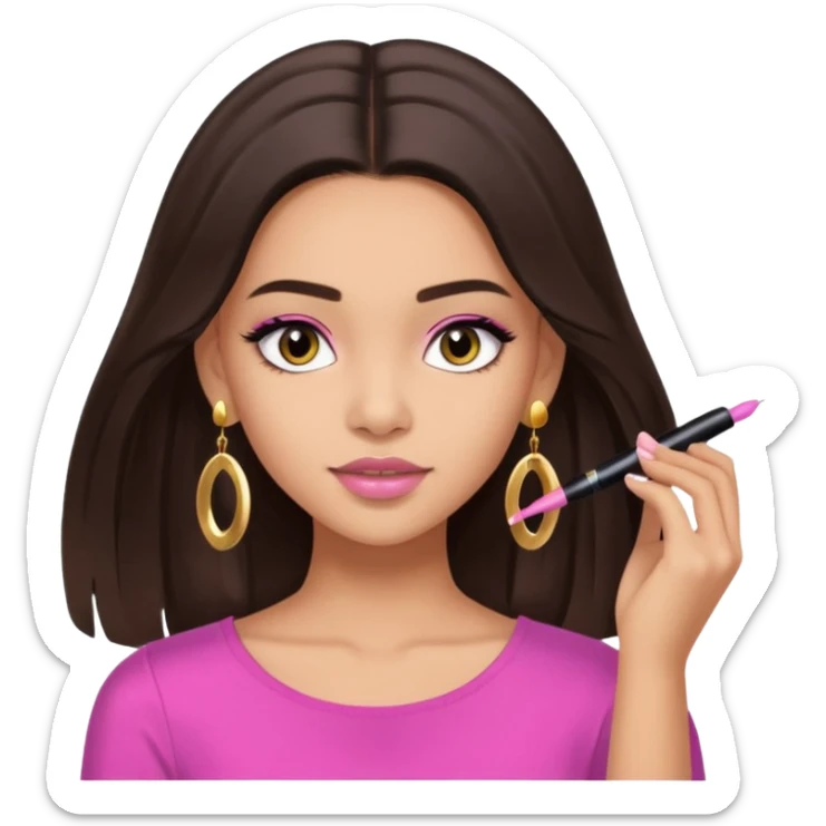 A brunette girl lightskin with mi-long hair and gold earrings wearing a cute pink top while putting mascara maybeline  sticker