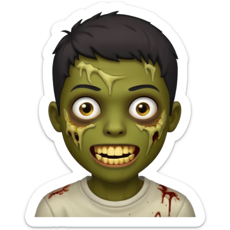 Make a boy zombie dark skin and short black 4c hair, showing a golden grilz teeth sticker
