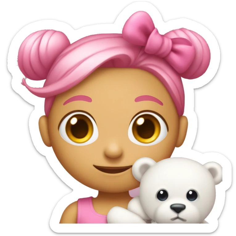 a pink monster with a BIG pink bow on the side of her head with a dress and holding a white teddy  bear’s be sticker