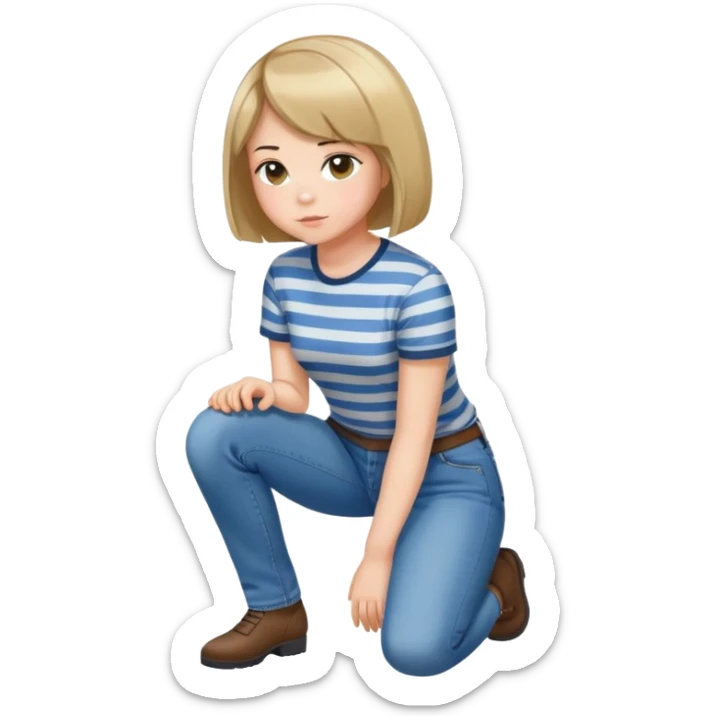 girl with short bob haircut in jeans and striped shirt kneeling on the ground seen from behind sticker