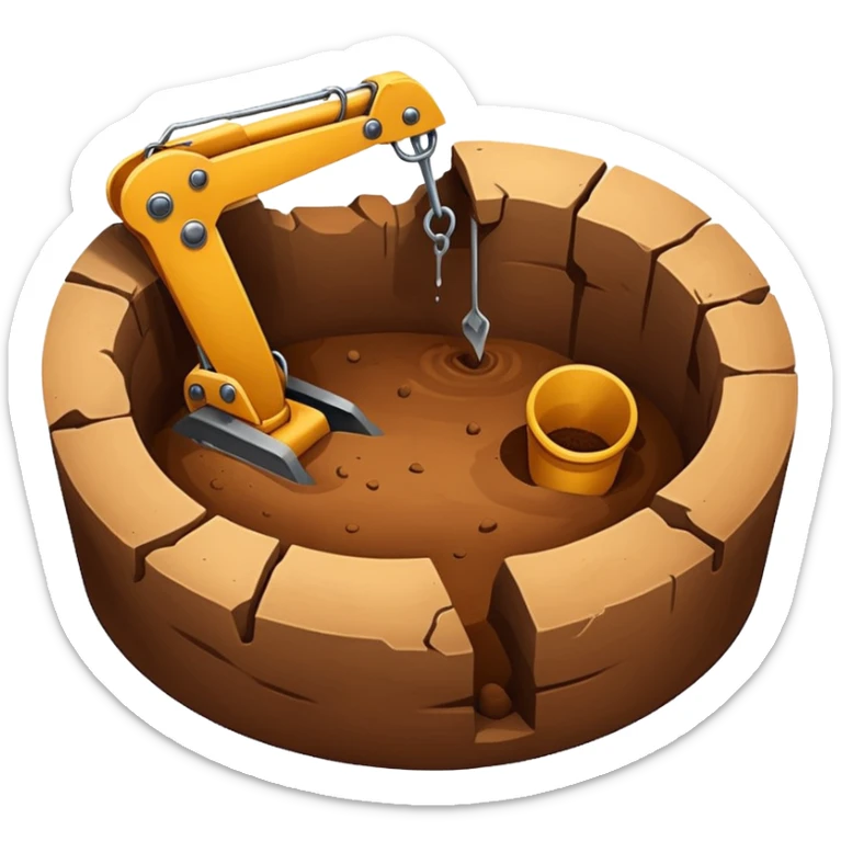 Emoji-style illustration of an excavation pit, flat vector look, bold outlines, minimal details, no background. sticker