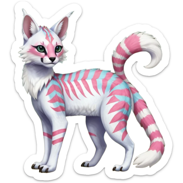 Colorful tropical feathery tribal pale light fruity pastel white glorious iridescent divine exotic cute albino neon vibrant spooky evil zigzagged cool beautiful fantasy-caracal-civet-genet-sergal-vernid-Gryphon-Cacomistle-Trico-oncilla-animal-Fakémon-hybrid-fursona (full body), facial markings,  sticker