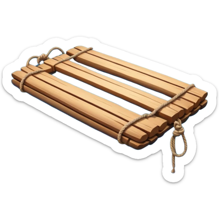 showing a simple wooden raft floating on calm blue water — made of several brown logs tied together with rope — gentle ripples around it — bright, cheerful lighting and soft shadows — minimalist, clean emoji design sticker