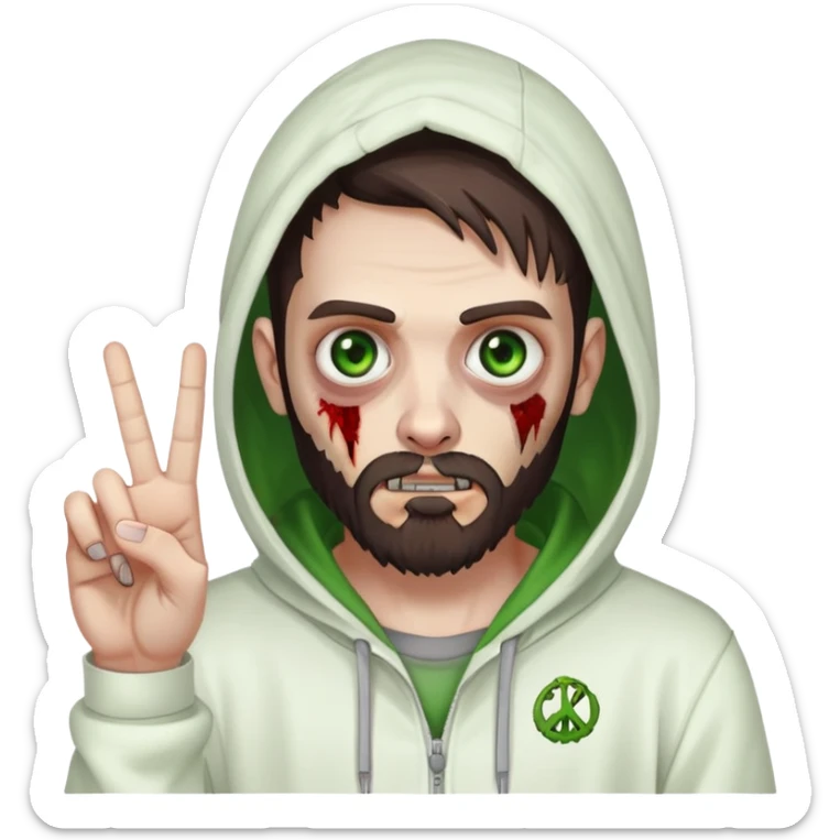 zombie making peace sign, undercut hairstyle with dark brown hair, short full beard, heterochromia with one green eye and one brown eye, wearing plain white hoodie with hood up sticker