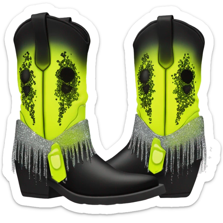 Realistic short neon yellow to black ombre fashion cowgirl boot with sparkly shiny glitter fringe on them. sticker