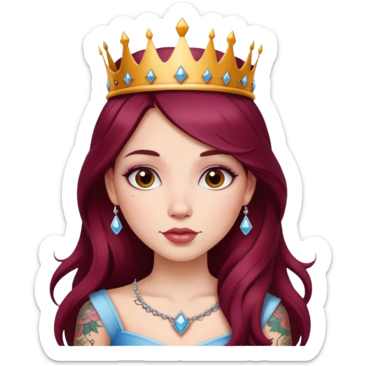 Beautiful tattooed long burgundy haired girl wearing a princess crown sticker