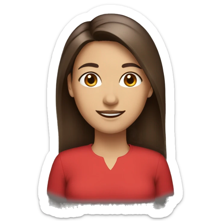 smiling woman with light to medium skin, straight dark brown hair with middle part red shirt  sticker