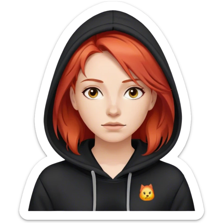 a woman with red hair and black hoodie with the NIDK text sticker