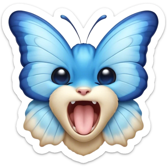 Cinematic Realistic Cute Yawning Blue Butterfly Portrait Emoji, Head tilted slightly with a dramatic, wide-open yawn, showcasing soft, downy sapphire wings with delicate, natural droop and half-closed, drowsy eyes rendered in exquisite detail, high shine, relaxed yet expressive, styled with a dash of subtle garden charm, soft glowing outline, capturing the essence of a sleepy yet affectionate blue butterfly that appears ready to rest its wings in quiet, enchanted slumber! sticker