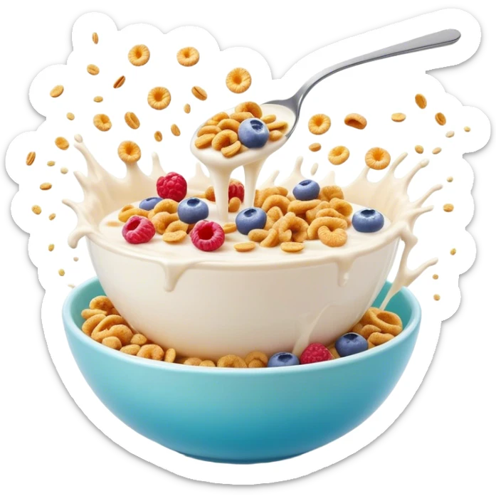Cinematic crunchy cereal, vibrant and colorful, splashing into a bowl of cold milk, soft glowing background, dynamic movement, playful and inviting, nostalgic and fun. sticker