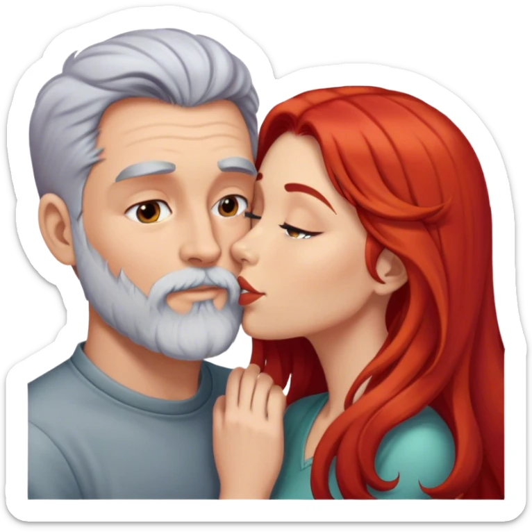 Long red hair woman kissing man with short gray hair and beard sticker