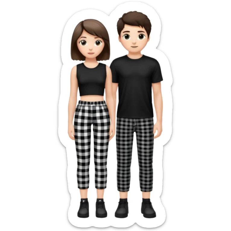 white girl with short brunette hair and eyelashes a little long with a black crop top and black and white plaque pants on top of a white boy with brunnete fluffy hair and long black shirt on and black and white plaque pants. sticker
