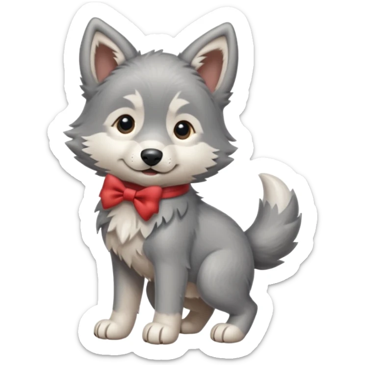 an animated gif-style sticker emote of a wolf puppy in a play bow wagging its tail in a smooth, natural arc over its back  sticker