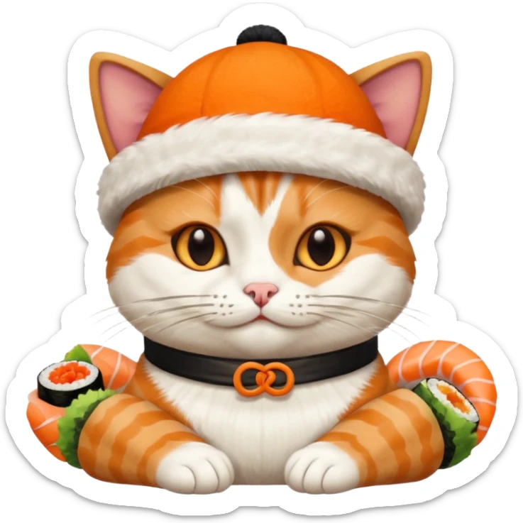 cat with its fingers crossed wearing a hat made out of sushi sticker