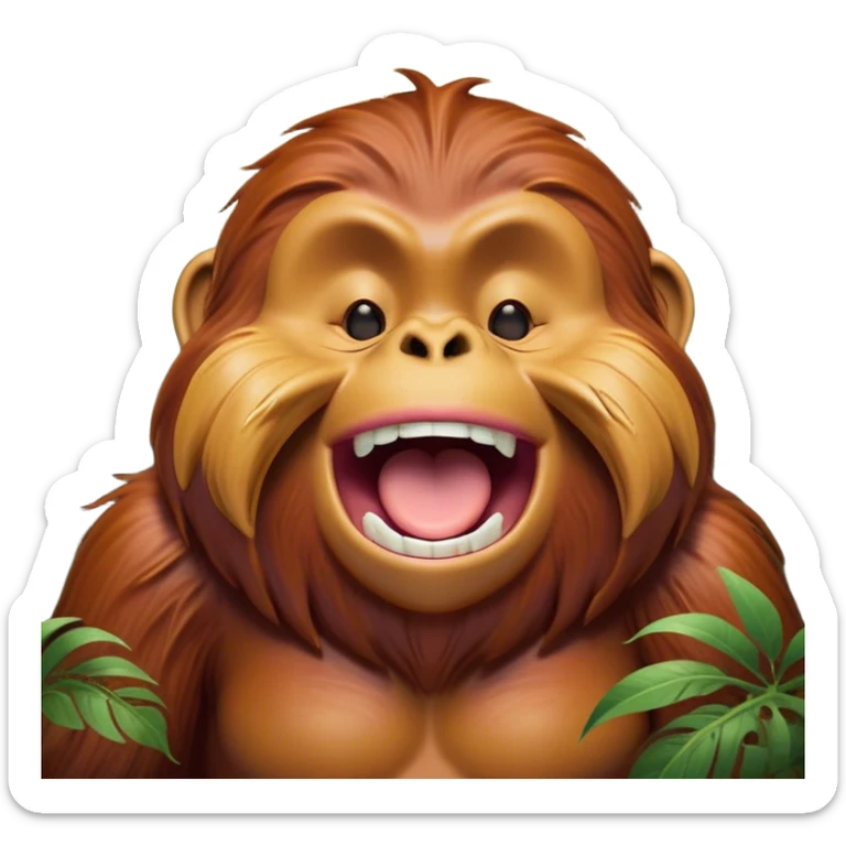 Cinematic Cute Yawning Orangutan Portrait Emoji, Head tilted slightly with a dramatic, wide-open yawn, showcasing a richly textured face with half-closed, sleepy eyes and a relaxed, open expression, Simplified yet irresistibly adorable features, highly detailed, glowing with a soft, cozy jungle glow, high shine, relaxed yet expressive, stylized with a dash of whimsical charm, soft glowing outline, capturing the essence of a drowsy yet affectionate guardian that appears ready to stretch out for a nap! sticker