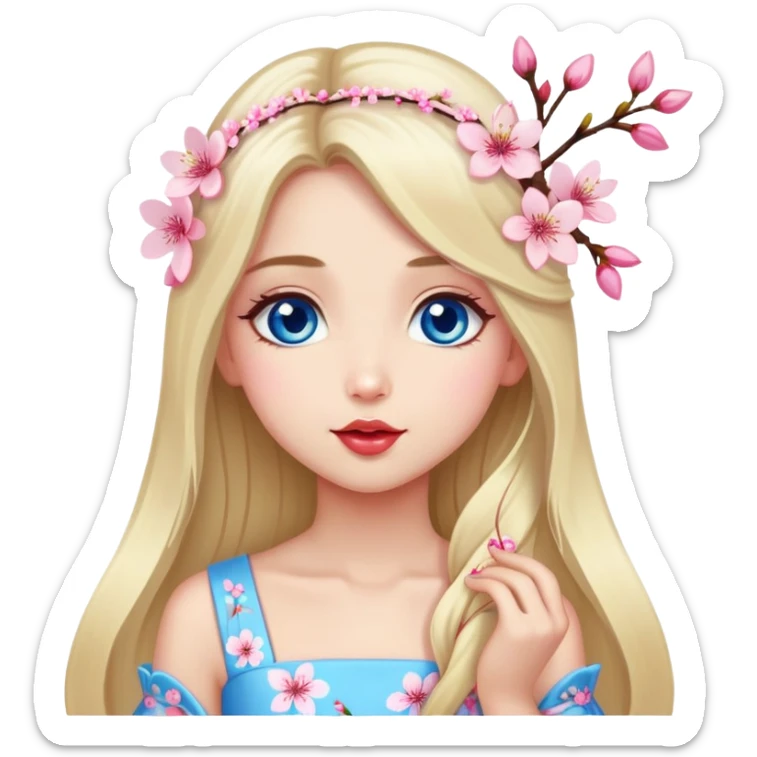 Turkish Girl with long blond hair with cherry blossom accessories on her hair with a long tailed cherry blossom dress on the ground and have blue eyes with beautiful finish and she sending lovely kisses  sticker