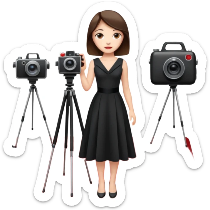 an actress standing on a red carpet with a formal dress, with a film camera next to her. sticker