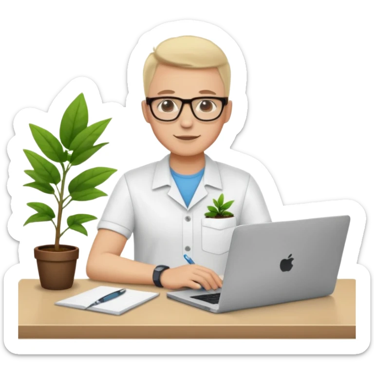 Create an emoji of a professional agronomist in an online video call. Sitting at a desk with a laptop, wearing a shirt and glasses, friendly and confident expression, with a small healthy plant on the desk, minimal flat design, bright colors, vector style, white background. sticker