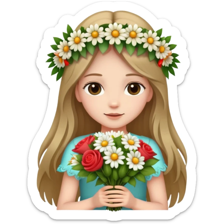 Beautiful girl with long hair and a wreath holding a bouquet of flowers sticker
