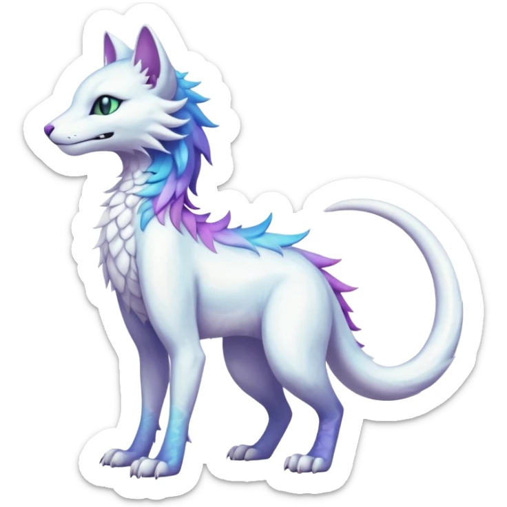 Kawaii white iridescent edgy fantasy feline-vernid-sergal-fursona animal creature with a tufted tail full body with intricate markings  sticker