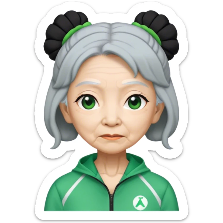 Cha In : a Asian old woman with black hair tie, Green player tracksuit sticker