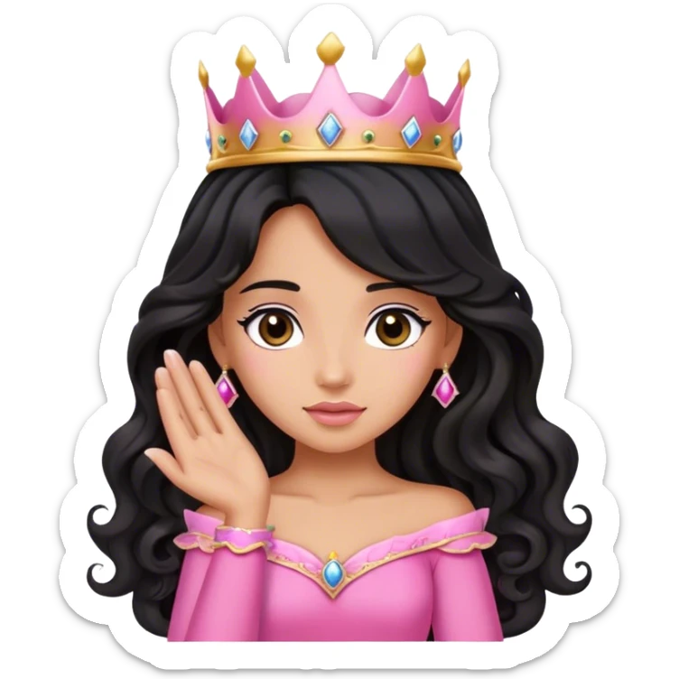 Very very very tanned skin princess, with long black wavy hair and crown and an pink princess outfit with a cute pose with face leaned on her hands sticker