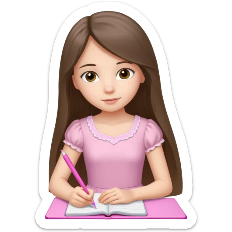 pretty white brunette teen long hair with hazel eyes in a light pink dress writing in a notebook with a pink pen sticker
