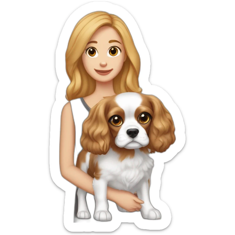 dark blonde girl with grey eyes and light skin holds two cavalier king charles spaniels blenheim and tricolor sticker