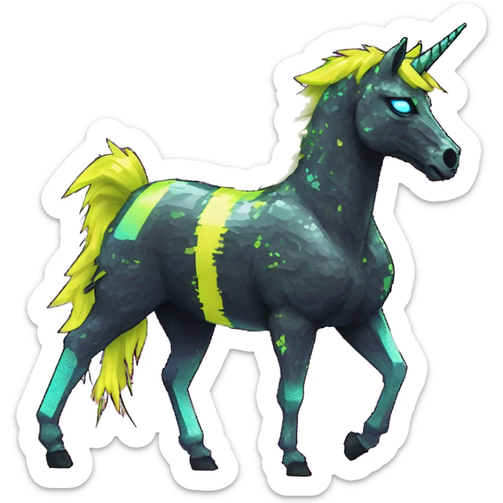 Pixel art of Zombie Vaporwave black holographic oilslick zombie unicorn yellow caution tape sticker
