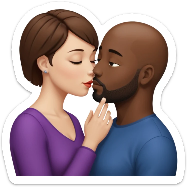 a white woman with short brown hair and a black man with no hair and a beard are facing one each other.  The woman is giving a kiss to the man's forehead sticker