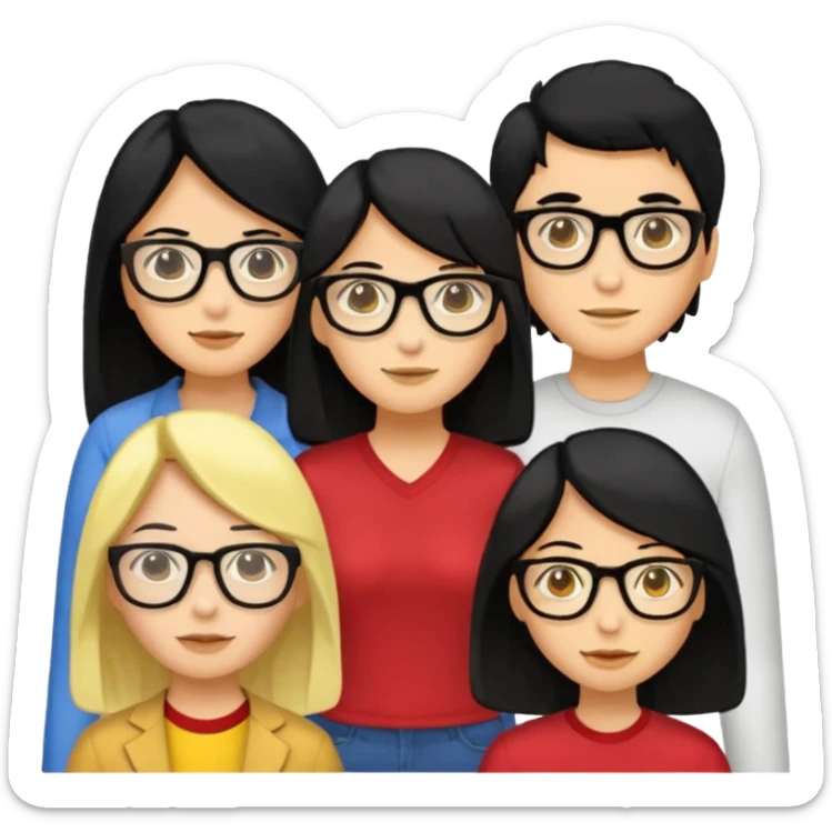 4 persons， 2 female， 2 male, 2male in the middle and 2 female in the side, one female wearing glasses and is black hair, yellow skin, both female are long hair sticker