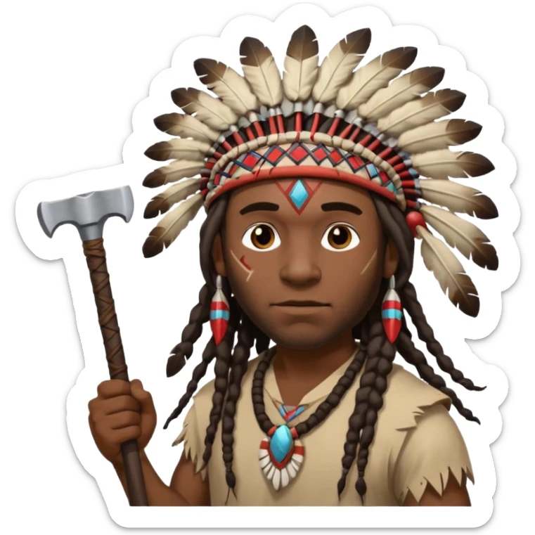 Black American man dark brown with dreads with a American Indian headdress throwing a axe sticker