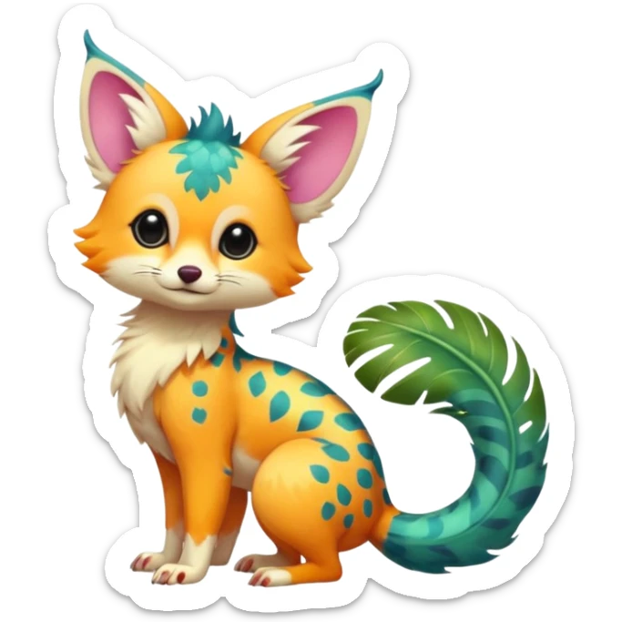 Feral Rare Fantasy vibrant colorful tropical cute, kawaii, cool, ed Vernid-Trico-species by LiLaiRa, random markings, tufted tail, tufted ears, full body, cheek markings sticker