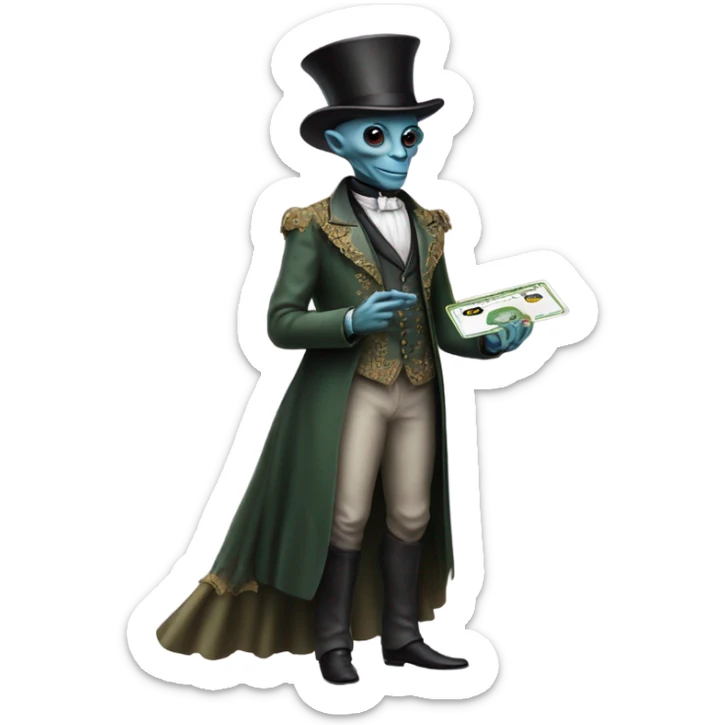 alien galora in Victorian dress elegant, full body, holding big credit card sticker