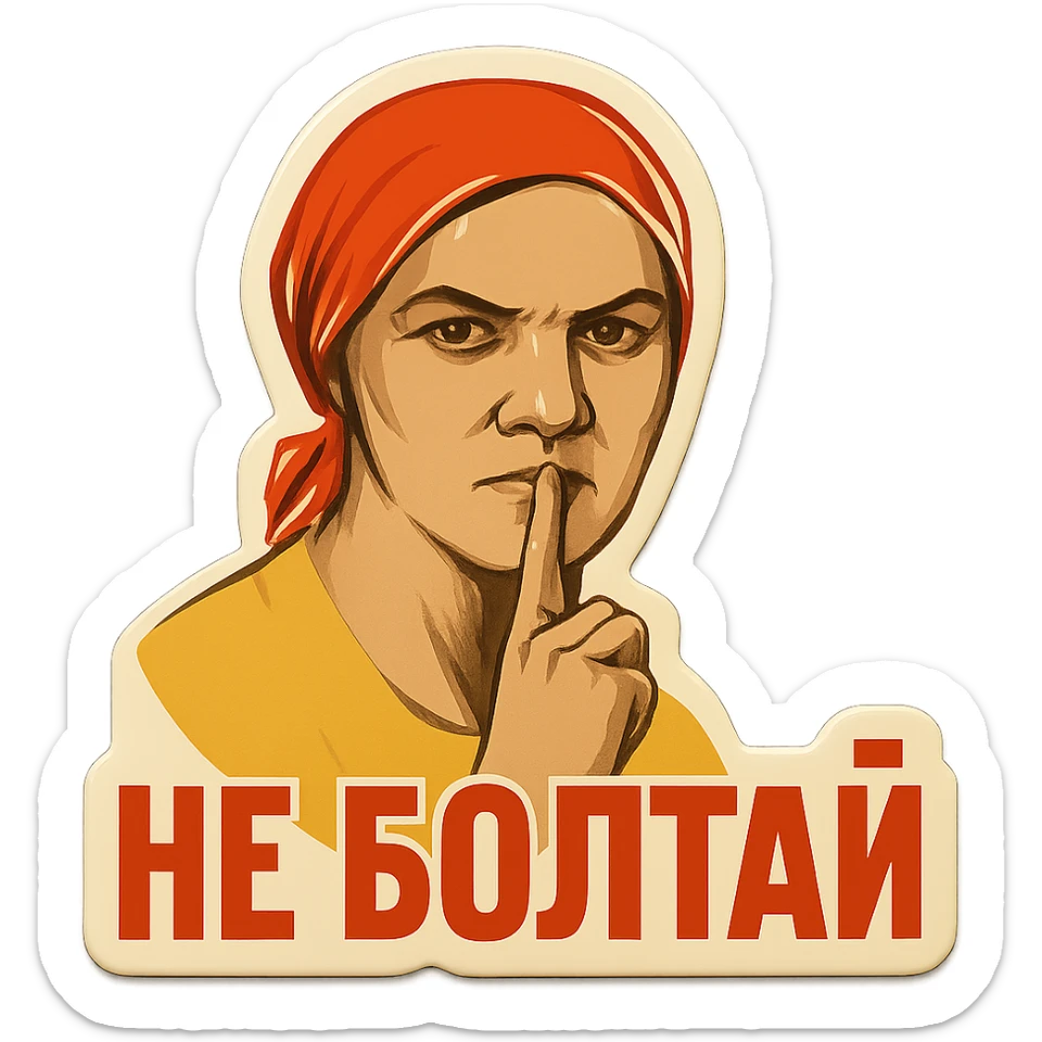 emoji of woman in 1940s Soviet attire, finger to lips shush gesture, 'не болтай' in classic propaganda poster font sticker
