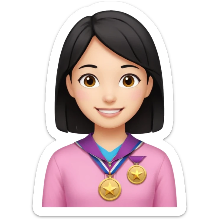 black haired girl wearing pastel pink with medals remove any hats, make her smile sticker