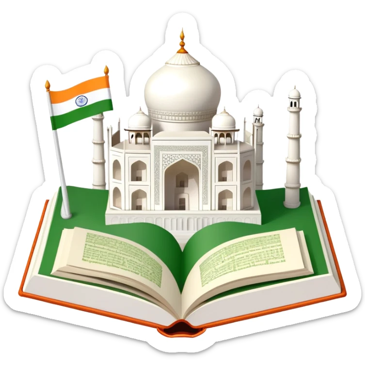 An icon featuring the Taj Mahal and the flag of India, symbolizing the Hindi language. The design includes an open book with hindi text, representing language learning and cultural richness. Transparent background highlights the heritage of India. sticker
