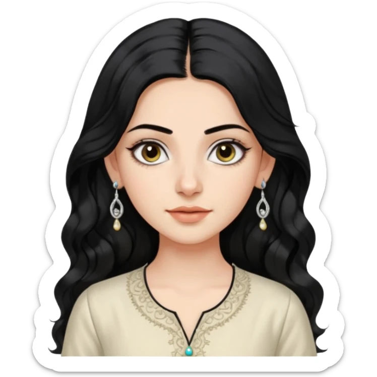 a pretty bratz fair girl with long wavy black hair, kajal under eyes, small silver hoop. ivory coloured kurti sticker