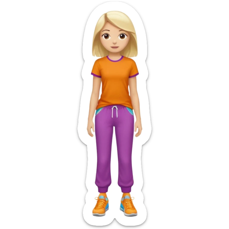 Hiphop dancer, with cute big pants, sneakers, and t-shirt. White girl blond. Coloufull shirt. No pocket pants sticker